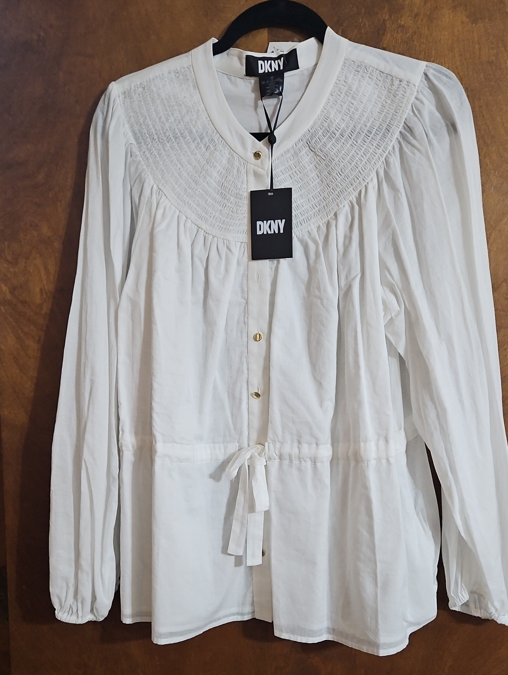 DKNY White Pintuck Yoke Puff-Sleeve Blouse with Tie Waist